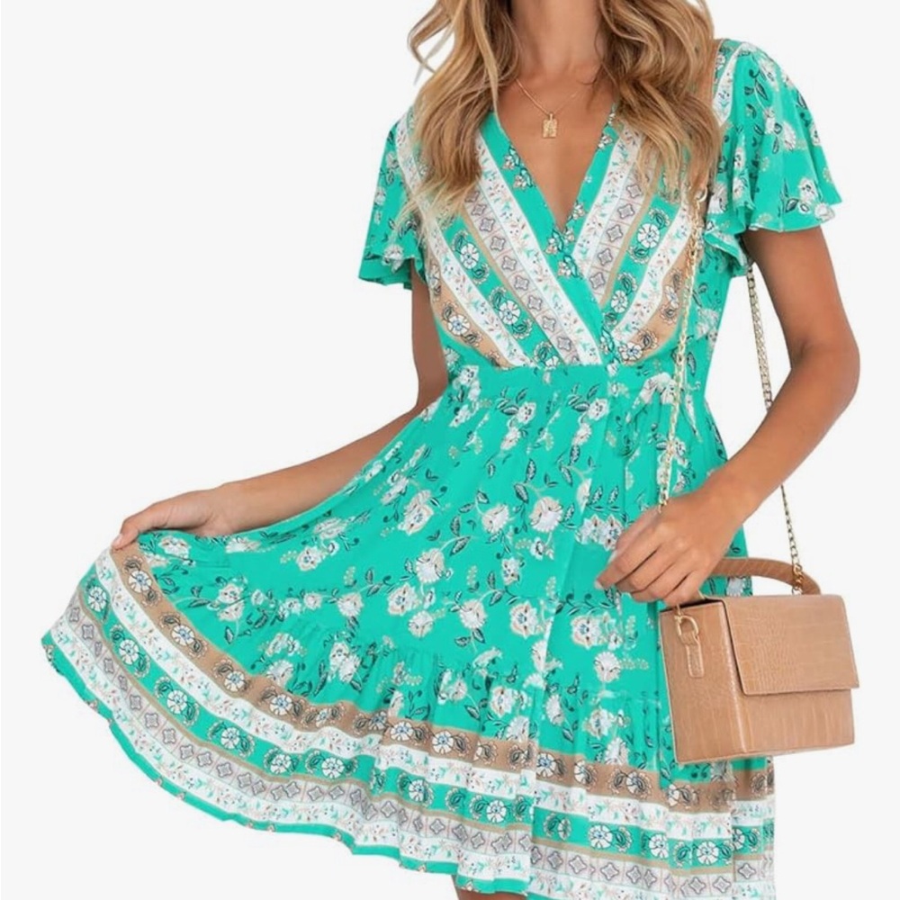 Turquoise Tiered Wrap Sundress with Flutter Sleeves